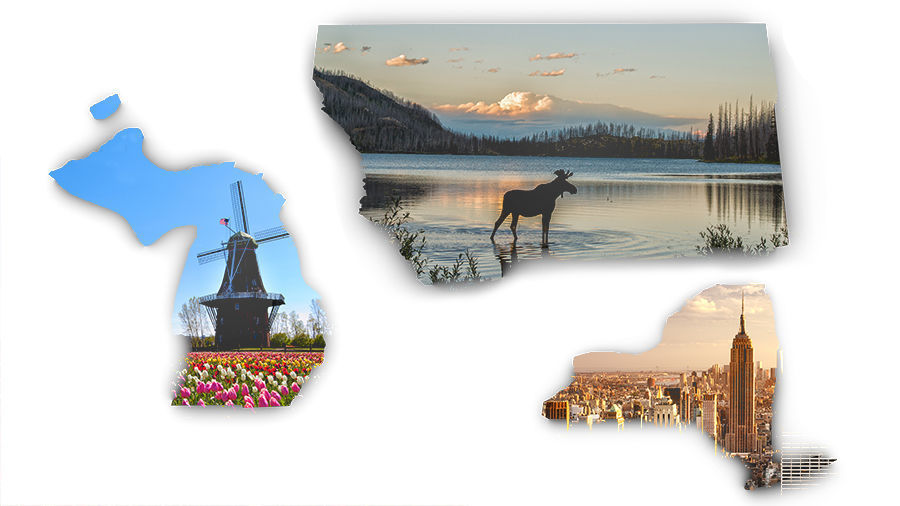 10. Michigan, Montana, New York